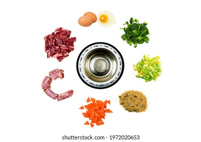 Healthy Eating For Dogs. Fresh Raw Food Ingredients Around Empty Dog Bowl. Natural Dog Food.