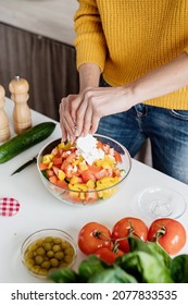 Healthy Eating. Front View Of Female Hands Making Salad Cutting Feta Cheese In The Kitchen