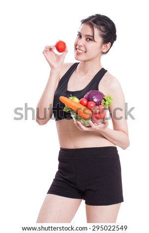 Healthy eating, happy young woman with vegetables on white background
