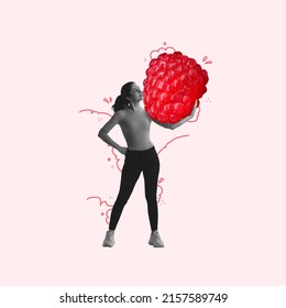 Healthy Eating, Juicy Fruit And Berries. Contemporary Art Collage. Young Woman Carries A Huge Raspberry Isolated On Light Background. Concept Of Art, Creativity, Retro Style, Surrealism. Copy Space