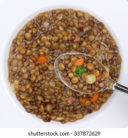 Healthy Eating Lentil Soup Stew Meal With Lentils On Spoon From Above