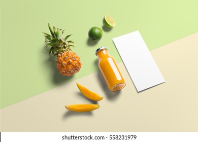 Healthy Eating, Organic Fresh Fruits, Mango, Pineapple, Lime, Juce Bottle And Flyer Template, Isometric View