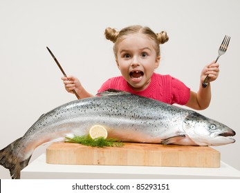 Healthy Eating Seafood - Little Girl And Big  Fish