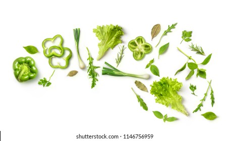 Healthy Eating. Vegetables Green Peppers, Onions, Arugula, Salad, On White Background. Photo Studio. Healthy Food, Top View. High Resolution Product