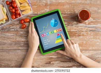 healthy eating, vitamins, dieting, technology and people concept - close up of woman hands with tablet pc computer and food in plastic container on table counting calories at home - Powered by Shutterstock