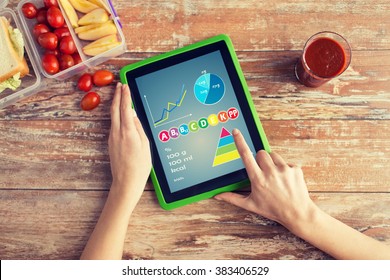 healthy eating, vitamins, dieting, technology and people concept - close up of woman hands with tablet pc computer and food in plastic container on table counting calories at home - Powered by Shutterstock