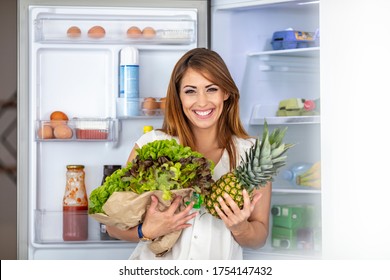 Healthy Eating Woman Grabbing Vegetables Fridge Stock Photo 1754147432 ...