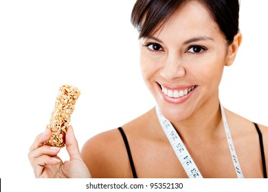 Healthy Eating Woman Holding Granola Bar - Isolated Over A White Background