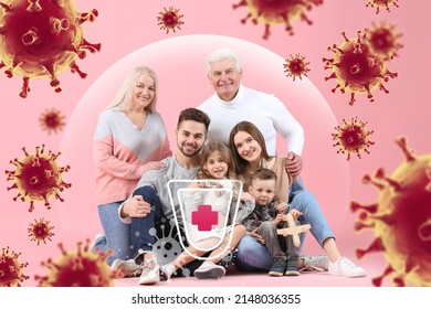 Healthy Family With Strong Immunity On Pink Background. Protection Against Viruses