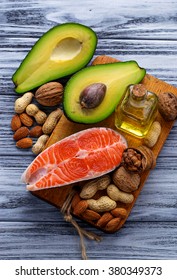 Healthy Fat Salmon, Avocado, Oil, Nuts. Selective Focus