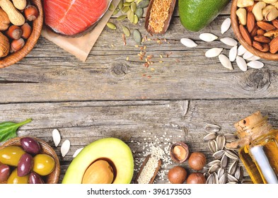 Healthy Fat Salmon, Avocado, Oil, Nuts. Copyspace Background.Top View.