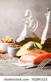 Healthy Fats In Nutrition - Salmon, Avocado, Oil, Nuts. Concept Of Healthy Food