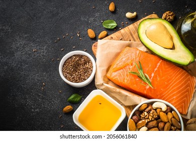 Healthy Fats Products At Black Background.