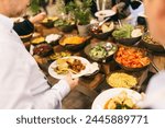 Healthy Five stars Catering buffet in luxury restaurant or at the event. Delicious brunch food on plates.