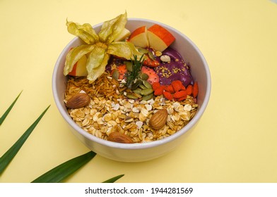 Healthy Food Acai Breakfast Superfoods Smoothie Bowl With Chia Seeds, Bee Pollen, Fresh Strawberry, Apple, Almond And Granola For Healthy Vegan 