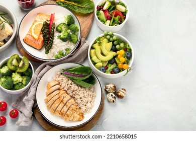 Healthy food assortment. Dieting concept. Flat lay, top view.  Set of diet dishes.  Paleo, keto,  dash diet. Healthy concept - Shutterstock ID 2210658015