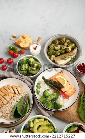 Healthy food assortment. Dieting concept. Flat lay, top view.  Set of diet dishes.  Paleo, keto,  dash diet. Healthy concept