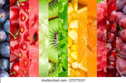 Healthy food background. Collection with color fruits, berries and vegetables - Shutterstock ID 272773157