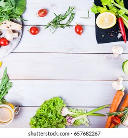 Healthy Food Background. Different Vegetables On White Wooden Table. Picnic Concept., Space For Text. Selective Focus, Flatlay