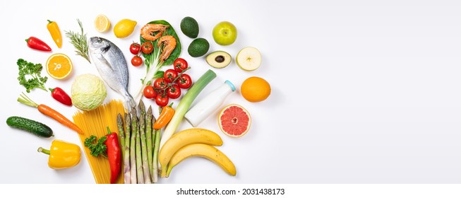 Healthy food background. Healthy food fish, shrimps, vegetables and fruits on white. Shopping food supermarket concept. Healthy eating, planning meal, food buying. Flat lay, copy space