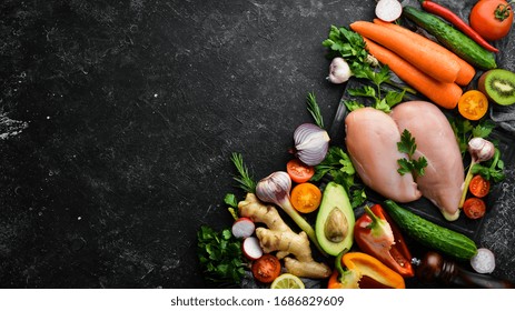 Healthy Food Background. Fresh Vegetables, Fruits And Chicken Meat. Free Space For Your Text. Rustic Style.