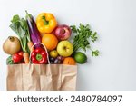 Healthy food background. Healthy food in paper bag vegetables and fruits on white. Food delivery, shopping food supermarket concept