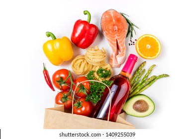 Healthy Food Background. Healthy Food In Paper Bag Fish, Vegetables, Fruits And Wine On White Background. Shopping Food Supermarket Concept. Healthy Eating, Cooking Dinner Concept