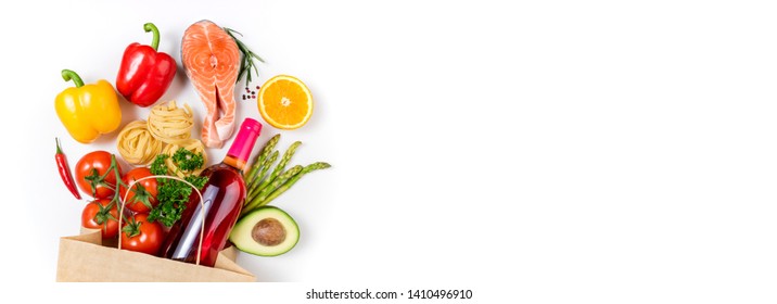 Healthy Food Background. Healthy Food In Paper Bag Fish, Pasta, Vegetables, Fruits And Wine On White Background. Shopping Food Supermarket Concept. Healthy Eating, Cooking Dinner Concept. Copy Space
