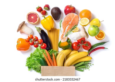 Healthy Food Background. Healthy Food In Paper Bag Fish, Vegetables And Fruits On White. Shopping Food Supermarket Concept