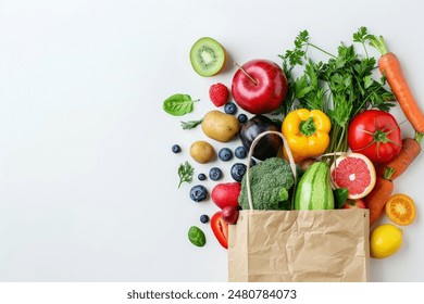 Healthy food background. Healthy food in paper bag vegetables and fruits on white. Food delivery, shopping food supermarket concept - Powered by Shutterstock