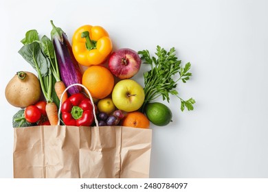 Healthy food background. Healthy food in paper bag vegetables and fruits on white. Food delivery, shopping food supermarket concept - Powered by Shutterstock