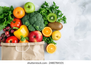 Healthy food background. Healthy food in paper bag vegetables and fruits on white. Food delivery, shopping food supermarket concept - Powered by Shutterstock