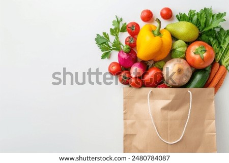 Healthy food background. Healthy food in paper bag vegetables and fruits on white. Food delivery, shopping food supermarket concept