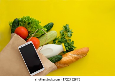 Healthy food background. Shopping food supermarket and clean vegan food concept. Food delivery online.