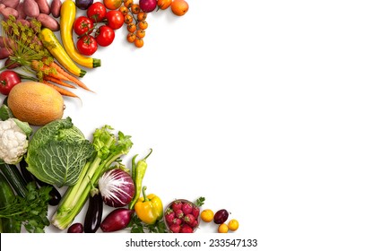 Healthy Food Background / Studio Photo Of Different Fruits And Vegetables On White Backdrop 