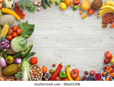 Healthy Food Background. Studio Photo Of Different Fruits And Vegetables On White Wooden Table. High Resolution Product.