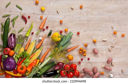 Healthy Food Background / Studio Photography Of Different Fruits And Vegetables On Wooden Table 