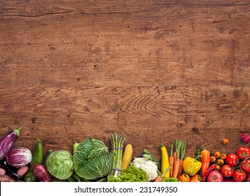 Healthy Food Background / Studio Photography Of Different Fruits And Vegetables On Old Wooden Table

