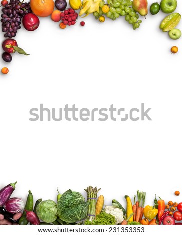 Healthy food background / studio photography of different fruits and vegetables isolated on white background. Close up. Copy space