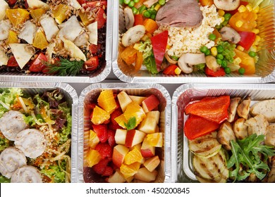 Healthy Food Background. Take Away Of Natural Organic Food In Foil Boxes. Fitness Nutrition, Meat, Vegetable And Fruit Salads. Top View, Flat Lay.