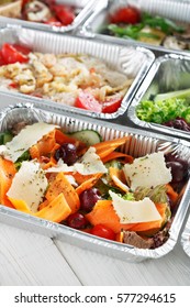 Healthy Food Background. Take Away Of Natural Organic Food In Foil Boxes. Fitness Nutrition, Meat, Rice Vermicelli, Vegetable Salads And Eggs. Top View, Flat Lay.