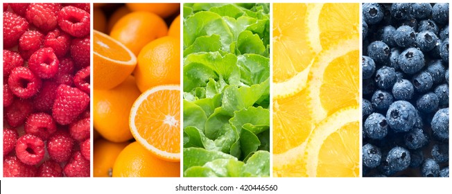 Healthy food backgrounds, five images of lemons, blueberries, raspberries, salad and oranges