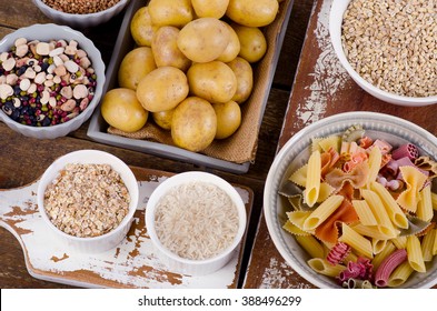 Healthy Food: Best Sources Of Carbs On Wooden Table. Top View