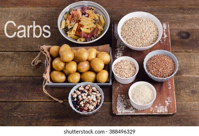 Healthy Food: Best Sources Of Carbs On A Rustic Wooden Background. Top View