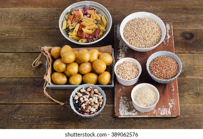 Healthy Food: Best Sources Of Carbs On A Rustic Wooden Background. Top View