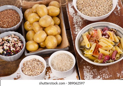 Healthy Food: Best Sources of Carbs on a wooden table. Top view