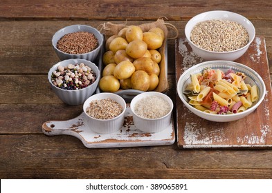 Healthy Food: Best Sources Of Carbs On Wooden Board. Top View
