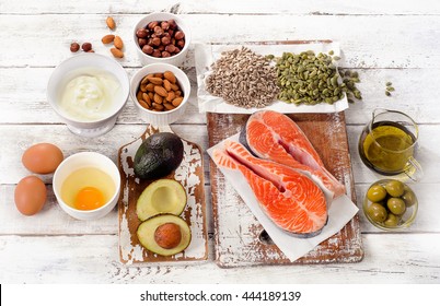 Healthy Food: Best Sources Of Good Fats  On A White Wooden Background. Top View