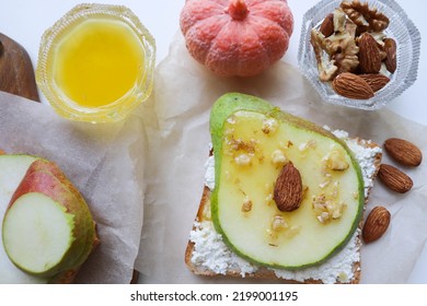 Healthy Food. Healthy Breakfast. Sandwich With Cottage Cheese, Pear, Honey And Nuts