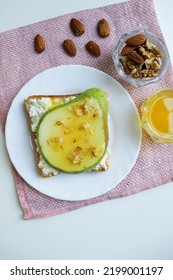 Healthy Food. Healthy Breakfast. Sandwich With Cottage Cheese, Pear, Honey And Nuts